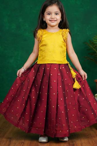 Maroon & yellow combo baby girls silk lehenga choli | traditional party perfect & festive dress