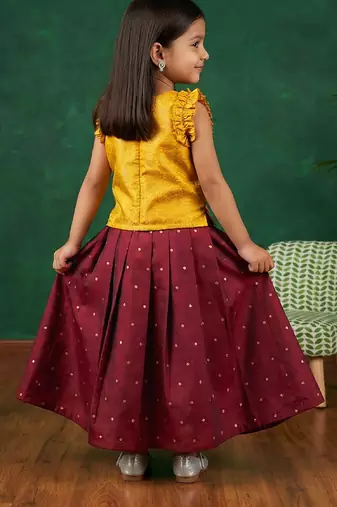 Maroon & yellow combo baby girls silk lehenga choli | traditional party perfect & festive dress