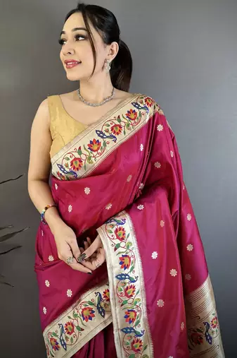 Rani pink floral, zari woven soft silk saree with blouse