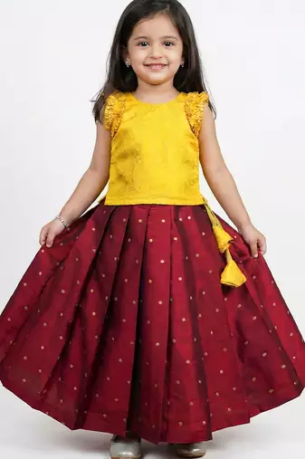 Maroon & yellow combo baby girls silk lehenga choli | traditional party perfect & festive dress