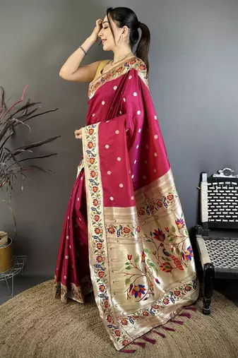 Rani pink floral, zari woven soft silk saree with blouse