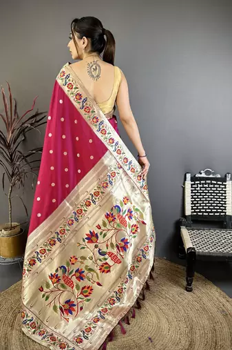 Rani pink floral, zari woven soft silk saree with blouse
