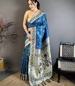 Teal blue floral, zari woven soft silk saree with blouse