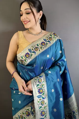 Teal blue floral, zari woven soft silk saree with blouse