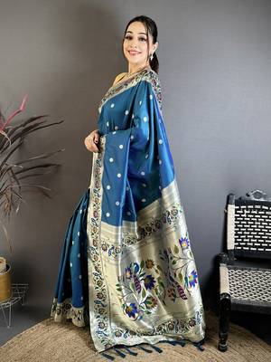 Teal blue floral, zari woven soft silk saree with blouse 3