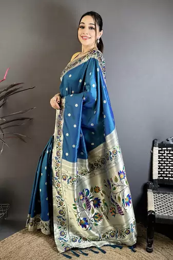 Teal blue floral, zari woven soft silk saree with blouse