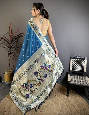 Teal blue floral, zari woven soft silk saree with blouse 4