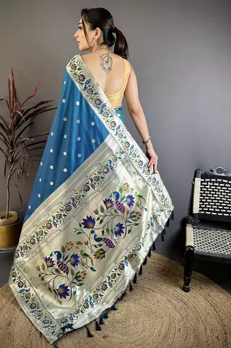 Teal blue floral, zari woven soft silk saree with blouse