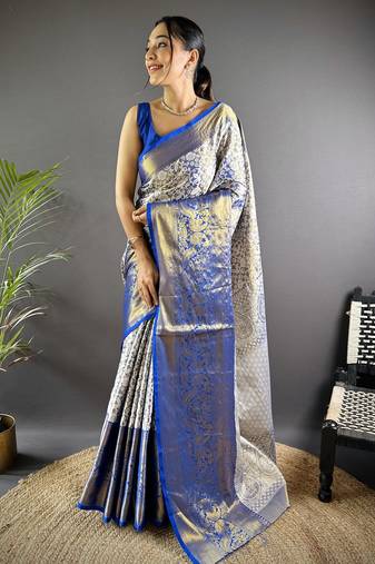 Blue floral, peacock zari woven kanjivaram tissue silk saree with blouse