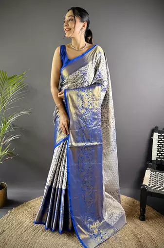 Blue floral, peacock zari woven kanjivaram tissue silk saree with blouse