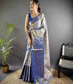 Blue floral, peacock zari woven kanjivaram tissue silk saree with blouse