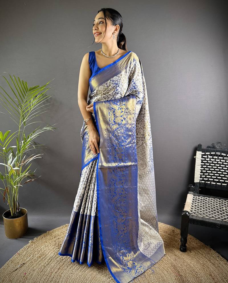 Blue floral, peacock zari woven kanjivaram tissue silk saree with blouse