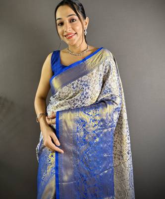 Blue floral peacock zari woven tissue silk blend saree with blouse 2