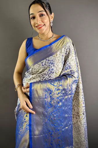 Blue floral, peacock zari woven kanjivaram tissue silk saree with blouse