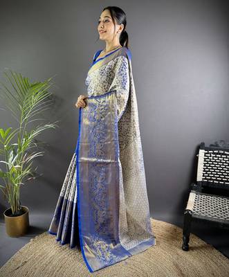 Blue floral peacock zari woven tissue silk blend saree with blouse 3