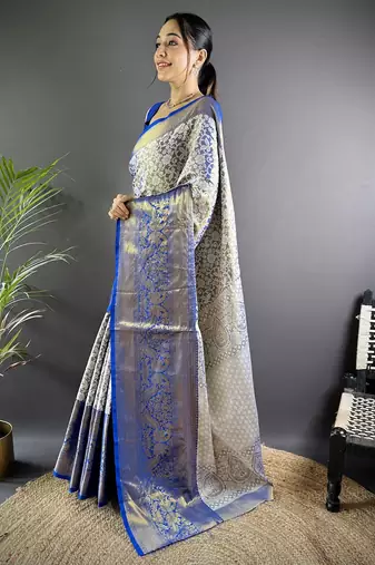 Blue floral, peacock zari woven kanjivaram tissue silk saree with blouse