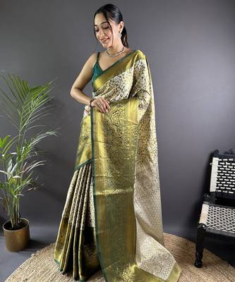 Green floral peacock zari woven tissue silk blend saree with blouse 1