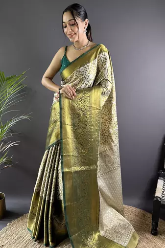 Green floral, peacock zari woven kanjivaram tissue silk saree with blouse