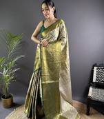 Green floral, peacock zari woven kanjivaram tissue silk saree with blouse