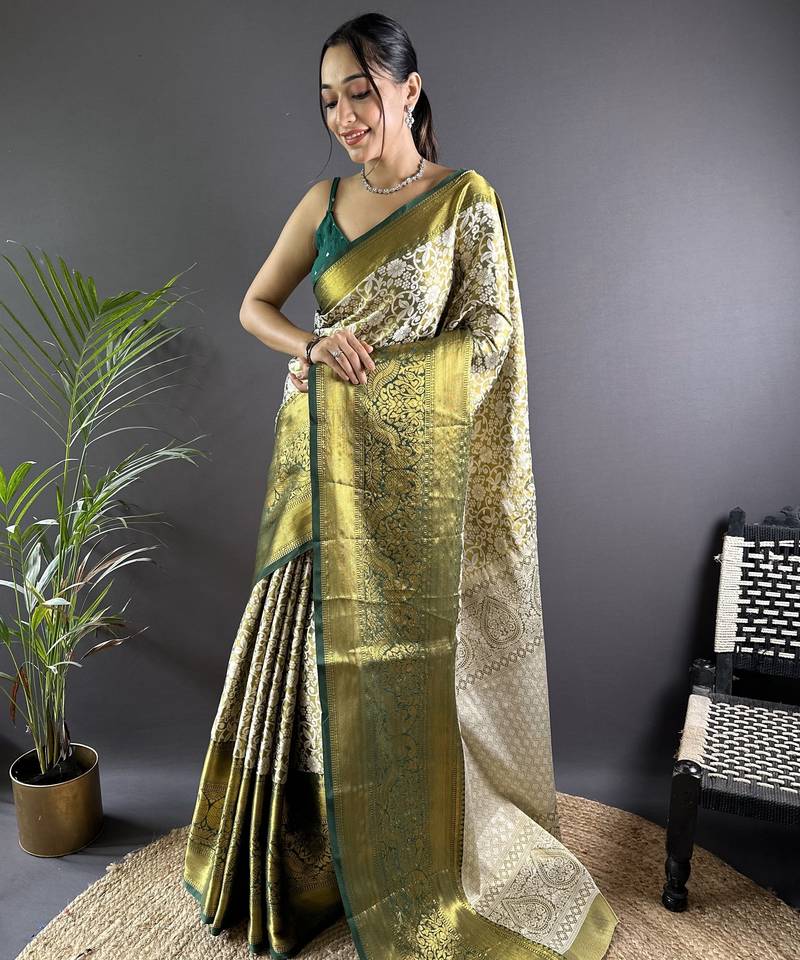 Green floral, peacock zari woven kanjivaram tissue silk saree with blouse