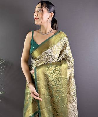 Green floral peacock zari woven tissue silk blend saree with blouse 2