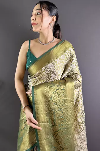 Green floral, peacock zari woven kanjivaram tissue silk saree with blouse