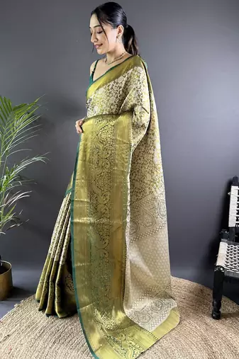 Green floral, peacock zari woven kanjivaram tissue silk saree with blouse