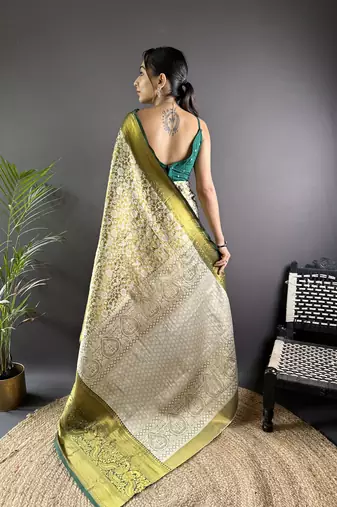 Green floral, peacock zari woven kanjivaram tissue silk saree with blouse