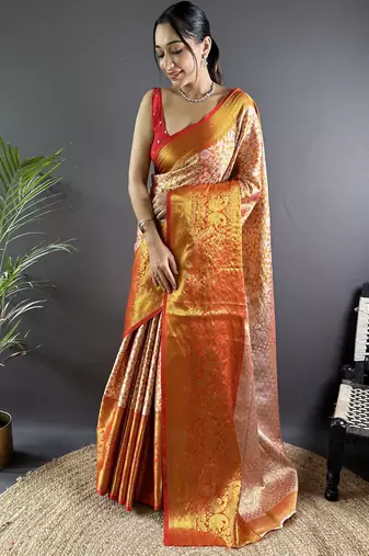 Orange floral, peacock zari woven kanjivaram tissue silk saree with blouse