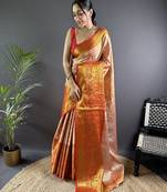 Orange floral, peacock zari woven kanjivaram tissue silk saree with blouse