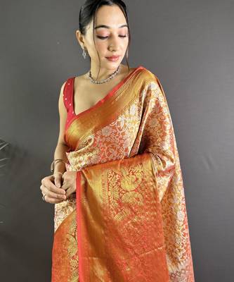 Orange floral peacock zari woven tissue silk blend saree with blouse 2
