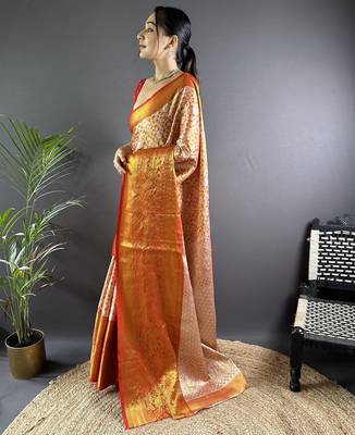 Orange floral peacock zari woven tissue silk blend saree with blouse 3