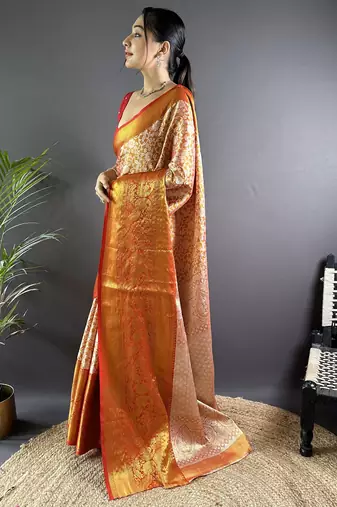 Orange floral, peacock zari woven kanjivaram tissue silk saree with blouse