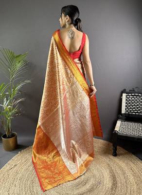 Orange floral peacock zari woven tissue silk blend saree with blouse 4