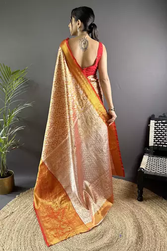 Orange floral, peacock zari woven kanjivaram tissue silk saree with blouse
