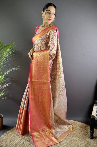 Pink floral, peacock zari woven kanjivaram tissue silk saree with blouse
