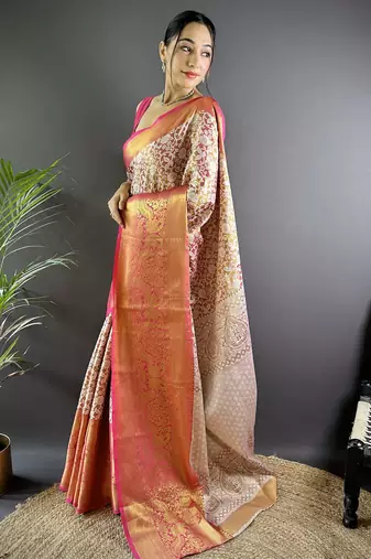 Pink floral, peacock zari woven kanjivaram tissue silk saree with blouse