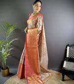 Pink floral, peacock zari woven kanjivaram tissue silk saree with blouse