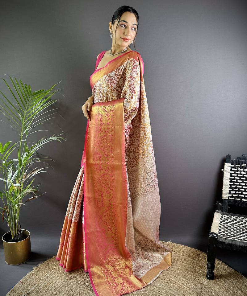 Pink floral, peacock zari woven kanjivaram tissue silk saree with blouse