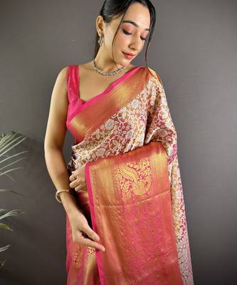 Pink floral peacock zari woven tissue silk blend saree with blouse 2