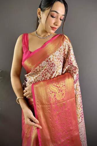 Pink floral, peacock zari woven kanjivaram tissue silk saree with blouse