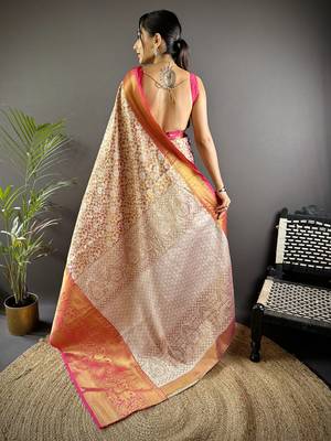 Pink floral peacock zari woven tissue silk blend saree with blouse 3