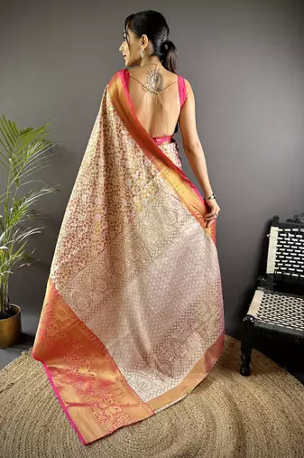 Pink floral, peacock zari woven kanjivaram tissue silk saree with blouse