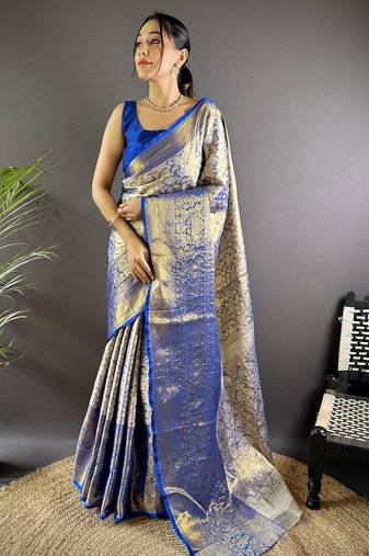 Blue floral, peacock zari woven kanjivaram tissue silk saree with blouse