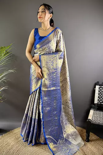 Blue floral, peacock zari woven kanjivaram tissue silk saree with blouse