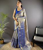 Blue floral, peacock zari woven kanjivaram tissue silk saree with blouse