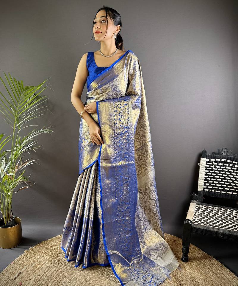 Blue floral, peacock zari woven kanjivaram tissue silk saree with blouse