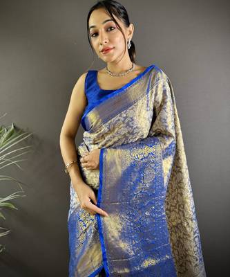 Blue floral, peacock zari woven kanjivaram tissue silk saree with blouse 2