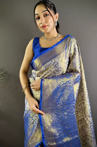 Blue floral, peacock zari woven kanjivaram tissue silk saree with blouse