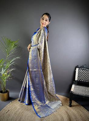 Blue floral, peacock zari woven kanjivaram tissue silk saree with blouse 3